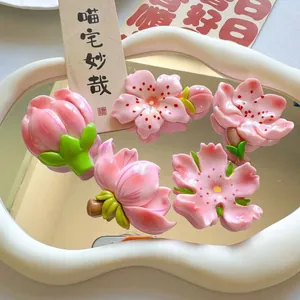 Set of 5 pink cherry blossom resin refrigerator magnets in various blooming stages