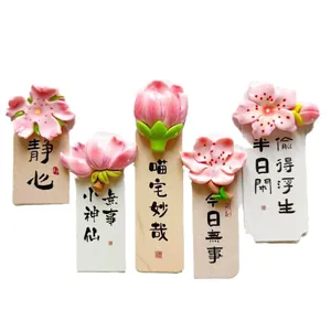 Set of 5 creative peach blossom magnets with Chinese calligraphy tags for decor