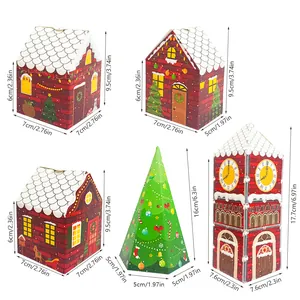 Dimensioni dettagliate per scatole regalo di Natale a forma di casa, albero e orologio.
