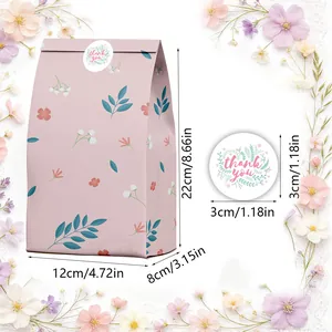 Bolsa de papel floral rosa para fiesta y pegatina de agradecimiento con medidas exactas