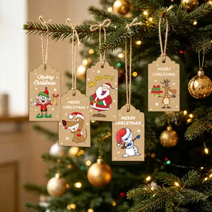 Set of Kraft paper Christmas gift tags with various festive cartoon characters