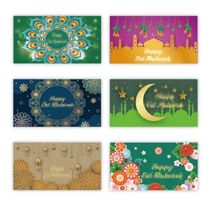 Set di sei buste festive Eid Mubarak con disegni di moschee, lune e motivi floreali