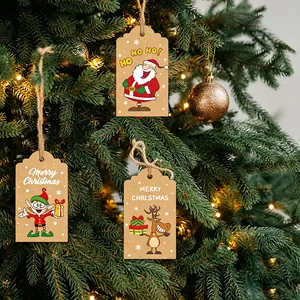 Detailed view of Christmas kraft paper tags hanging on a tree with festive illustrations