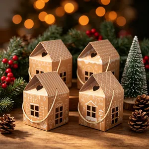 Set mit vier Weihnachts Lebkuchenhaus Bonbonschachteln aus Kraftpapier mit Fensterdesign