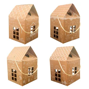 Set mit 4 Weihnachts-Lebkuchenhaus-Geschenkboxen aus Kraftpapier für Plätzchen