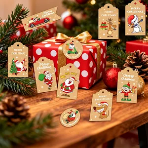 Assorted kraft paper Christmas gift tags featuring festive cartoon Santa and reindeer motifs
