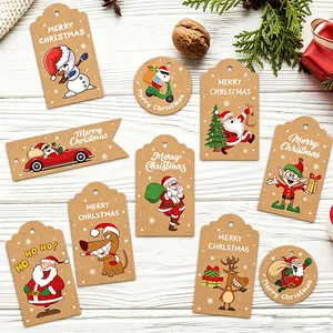 Assorted kraft paper Christmas gift tags featuring Santa, reindeer, and snowman illustrations