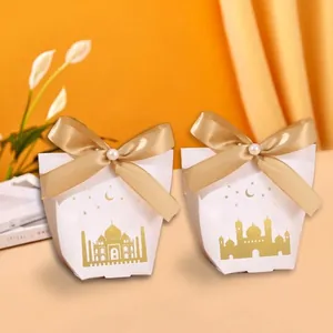 Eid Mubarak Gold Hot Stamping Castle Pattern Candy Gift Box With Satin Ribbon Bow For Wedding Souvenir Party Favor Box White Cardboard Elegant Packaging