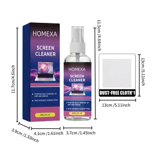 Close-up of HOMEXA 60ml screen cleaner bottle, box, and dust-free cloth with sizes