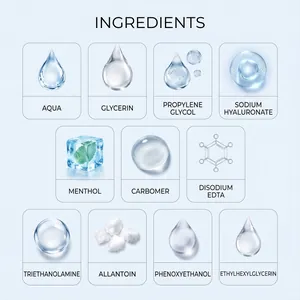 Detailed ingredient breakdown for cooling patches showing Aqua, Glycerin and Menthol icons.