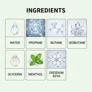Cooling spray ingredient list with water, menthol, and glycerin for quick relief.