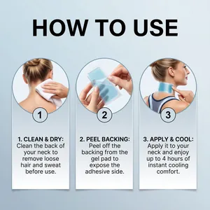 Detailed three-step instruction on how to apply the cooling gel patch to the neck