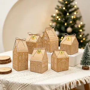 Set de cajas de regalo de papel kraft en forma de casa con motivos de pan de jengibre