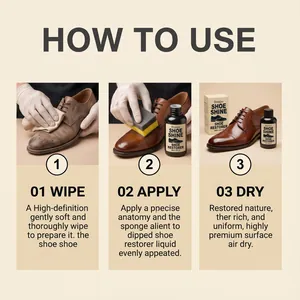 Detailed three-step guide for using Brunizo shoe restorer liquid on leather shoes.