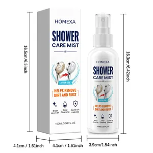 Detailed dimension guide for HOMEXA 100ml shower head care mist and its packaging box.
