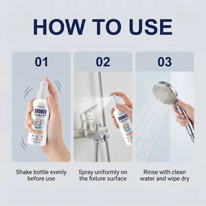 Instructional three-step guide for HOMEXA shower head care mist to remove limescale and rust
