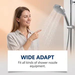 Universal handheld shower head showing water spray and wide adapt compatibility features