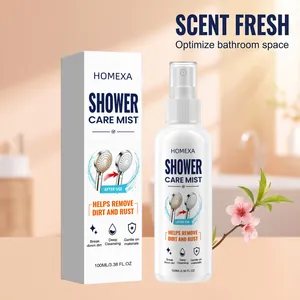 Detail showing HOMEXA shower care mist bottle and packaging for rust removal
