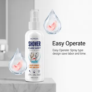 Close-up detail showing HOMEXA shower care mist for cleaning rust and limescale effectively