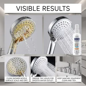 Detail of HOMEXA shower care mist showing before and after cleaning results on showerhead