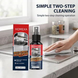 HOMEXA 50ml heavy-duty degreaser spray shown with packaging in a modern kitchen setting.