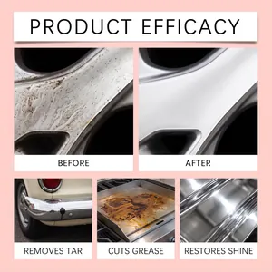 Before and after cleaning results for tar, grease, and shine on multiple surfaces.