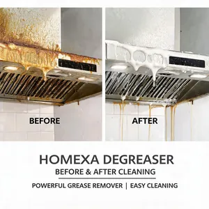 Professional before and after comparison of HOMEXA grease remover cleaning range hood