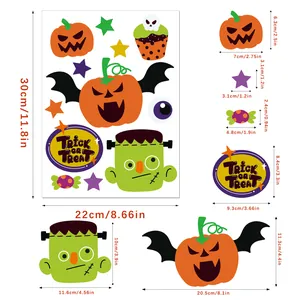Detailed size chart for Halloween static cling window stickers with pumpkin designs