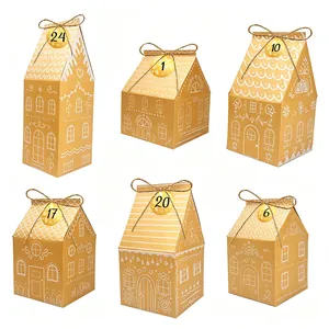 Vista detallada de cajas de regalo de casita de jengibre numeradas de papel kraft con lazos