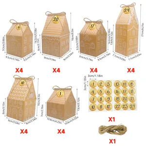 Dimensiones detalladas y contenido del set de 24 cajas de regalo de Navidad tipo casa