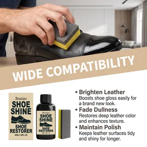 Close-up of applying Brunizo shoe shine to black leather shoes for instant gloss.