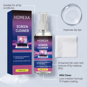 Macro view of HOMEXA 60ml screen cleaner spray bottle and packaging with microfiber cloth.
