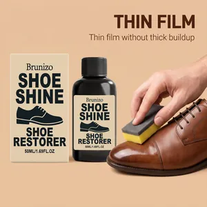 Brunizo shoe shine restorer liquid being applied with a sponge to brown leather shoe