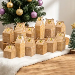 Navidad Papel Kraft Casa de Jengibre Caja de Regalo Calendario de Adviento Con Pegatinas de Números Cuerda de Yute Cajas de Caramelos Galletas Set