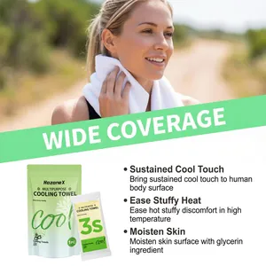 Woman using HozoneX cooling towel outdoors showing product packaging and features