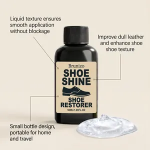 Detail view of clear liquid shoe restorer gel beside a portable 50ml black bottle.
