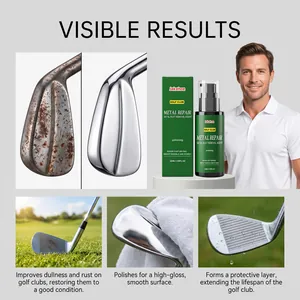 Detail view of golf club metal repair agent showing before and after rust removal results