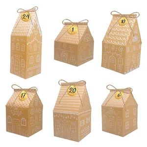 Set de cajas de regalo de Navidad de papel kraft casa de jengibre con pegatinas y cordel