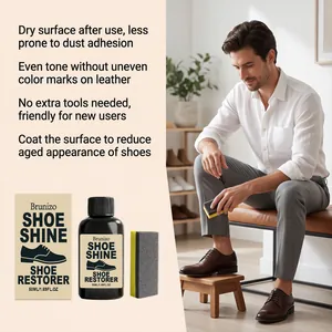 Man using Brunizo shoe restorer kit to clean brown leather shoes in a home setting