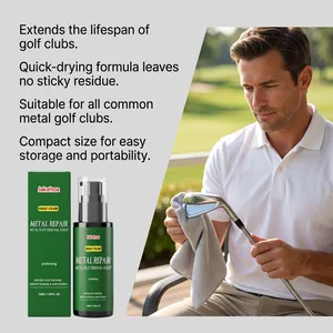 Detailed macro shot of a man polishing a metal golf club with Jakehoe metal repair agent