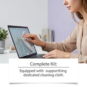 Microfiber cleaning cloth wiping a laptop screen for a professional streak-free result.