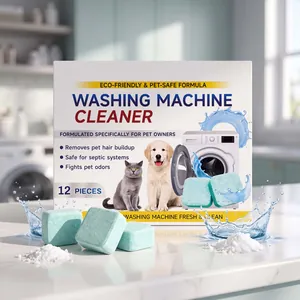 Detail shot of pet-safe washing machine cleaner tablets with packaging and water splashes