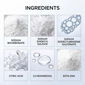 Detailed view of washing machine cleaner ingredients like citric acid and sodium bicarbonate