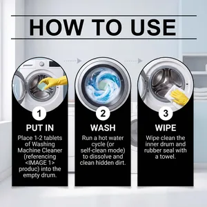 Instructional guide showing how to use cleaner tablets for a deep clean washing machine