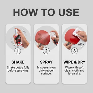 Detail showing step-by-step instructions for using table tennis rubber cleaning spray