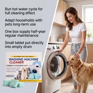 Instructional view of washing machine cleaner tablets in a pet-friendly home setting