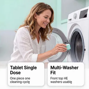 Woman placing a single dose cleaning tablet into a front-load washing machine