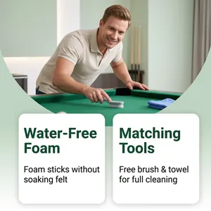 Detail of pool table dry cleaner with matching brush and towel for felt maintenance.