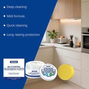 Detail of Jakehoe multi-purpose cleaning paste and sponge in a modern kitchen setting