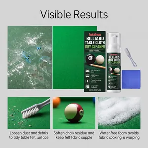Detail showing before-after results and foam cleaning process for billiard table felt.